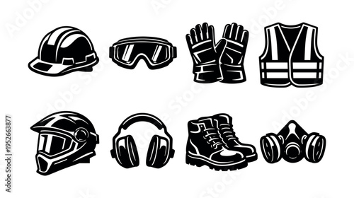 Vector set of safety equipment icons including helmet gloves goggles boots vest mask