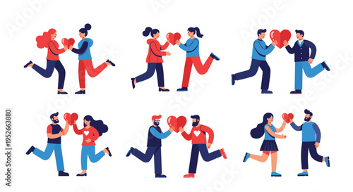 Set of diverse couples happily sharing and holding heart shapes to symbolize love and romantic relationships.