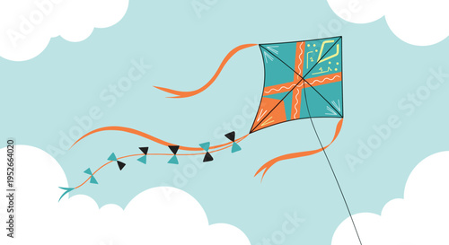 Colorful patterned kite flying high in the blue sky among fluffy white clouds with a long tail and ribbons.