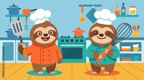 Two adorable cartoon sloths dressed as chefs, holding kitchen utensils, ready to cook up a storm in a charming kitchen setting