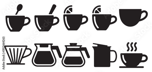 Kitchenware icons featuring teapot, coffee maker press and lemon tea cups vector set. vector illustration eps 10