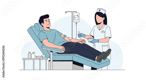 Female nurse in uniform drawing a blood sample from a male patient sitting in a comfortable medical chair.