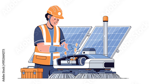Solar Panel Technician: An expert technician diligently works on solar panel installation, equipped with tools and expertise, while wearing safety gear.