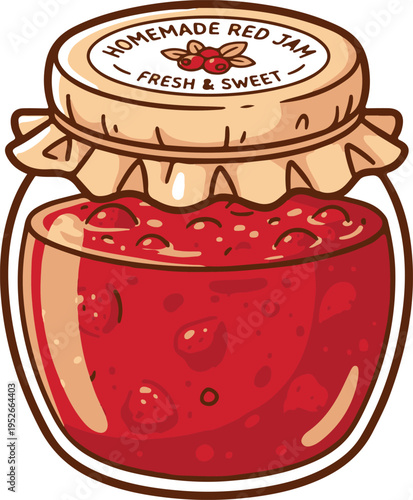 A cartoon illustration of a glass jar filled with homemade red jam and sealed with a brown lid