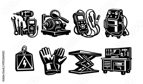 Black and white vector set of automotive repair tools and equipment silhouette