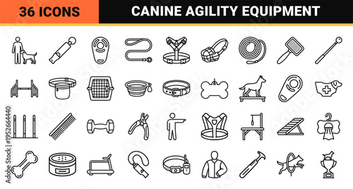 Professional Canine Training Monoline Graphics for Pet Service Marketing and Behavioral Education Technical Outline Symbols