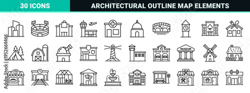Architectural Landmarks and City Infrastructure Monoline Vector Symbols for Urban Planning and Navigation Map Interface Design