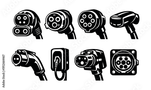 Electric vehicle charging plug and connector vector set black and white illustration