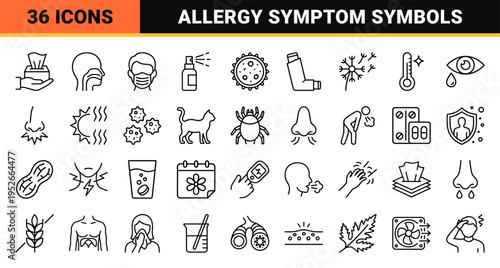 Respiratory Health and Allergy Symptom Monoline Symbols Featuring Minimalist Nasal Care, Pulmonary Diagnostics, and Clinical Immunology Outlines