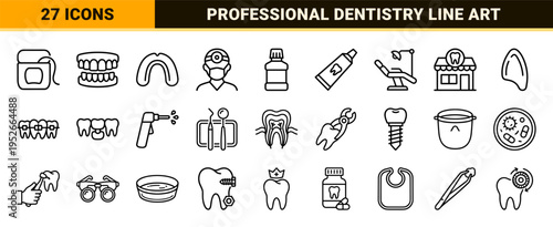 Professional Dental Care and Stomatology Monoline Symbols featuring Technical Outline Aesthetics for Oral Hygiene and Orthodontic Services.