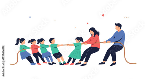 Happy family consisting of a mother, father, and five children participate in a fun outdoor tug of war game pulling on a thick brown rope.