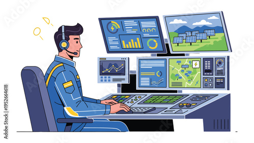 Digital Sentinel: A focused individual in a high-tech control room, his gaze fixed on multiple screens displaying vital data, symbols of technological advancement. 