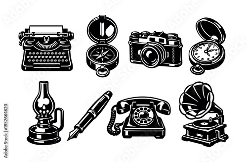Vintage black and white retro devices illustration set with typewriter and gramophone