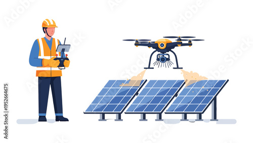 Solar Panel Inspection: A technician monitors a drone, which is in flight, conducting a modern inspection of solar panels. It demonstrates the seamless integration of technology and sustainability.