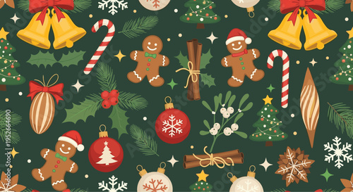 Christmas seamless pattern features holiday elements like gingerbread men, bells, candy canes, and ornaments on a dark green background.