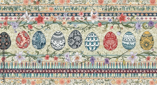 Colorful easter eggs with floral patterns on a decorative background for spring celebrations