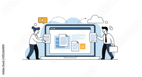 Male and female coworkers stand next to a large laptop screen sharing and organizing digital documents for a collaborative business project.