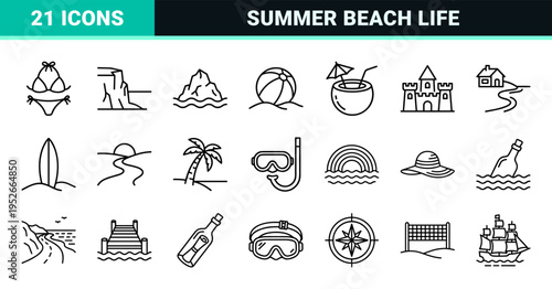 Coastal Tourism and Maritime Recreation Monoline Symbols featuring Minimalist Beach Life and Nautical Nature Elements in Professional Line Art.