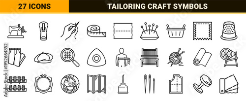 Tailoring and Fashion Design Technical Monoline Symbols for Garment Manufacturing and Bespoke Apparel Craftsmanship