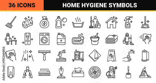 Professional House Cleaning and Janitorial Service Monoline Icons. Minimalist Linear Symbols for Sanitation, Hygiene, and Facility Maintenance.
