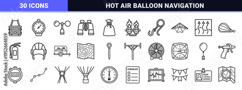Hot Air Ballooning and Aerostatic Flight Monoline Symbols Featuring Minimalist Air Travel Equipment and Navigation Tools in Technical Line Art