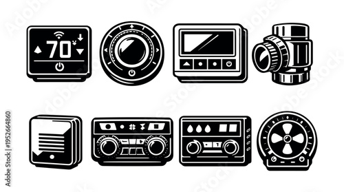Collection of black and white vector illustrations of home and car dashboard control panels