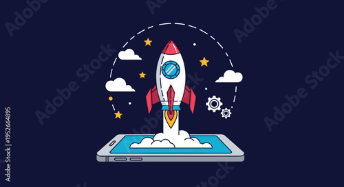 Colorful rocket ship takes off from a smartphone screen representing the launch of a new mobile app or a successful startup business.