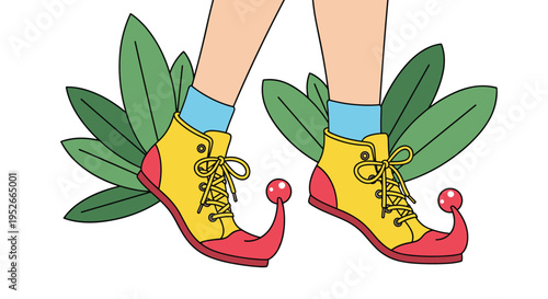 Close up view of a person wearing bright yellow and red pointed clown shoes with bells on the toes standing among green tropical leaves.