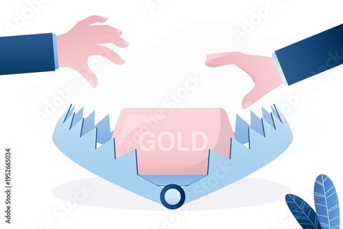 Two hands in suits reach for gold bar placed inside dangerous steel trap. Financial risk, greed, and investment scams. The dangers of investing in precious metals