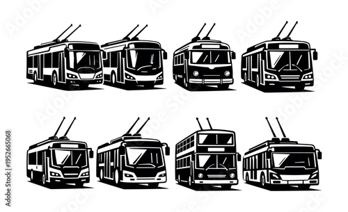 Black and white vector illustration of various trolleybus silhouettes