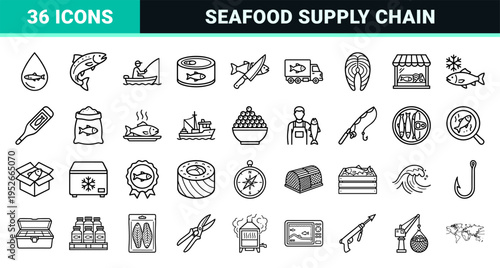 Commercial Fishing and Seafood Processing Monoline Symbol Set Featuring Maritime Industry and Fresh Catch Logistics Geometric Outlines