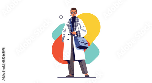 Stylish woman stands wearing a long white designer coat, grey trousers, and a blue crossbody bag against a colorful abstract background.