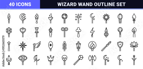 Mystical Sorcery Artifacts Neo-Line Art Symbols Featuring Minimalist Magic Staffs and Moon Scepters in Professional Technical Monoline Style