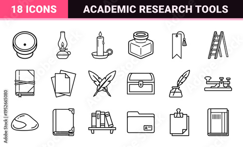 Antique Scholastic Monoline Symbols for Archival Research and Vintage Literature Design featuring Crisp Outlines and Technical Line Art Aesthetic