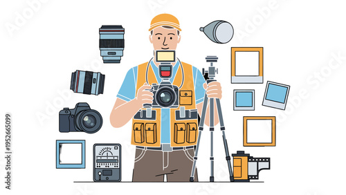 Artistic Photographer Surrounded by Photographic Gear: A creative professional stands surrounded by a collection of photographic equipment, with camera ready.