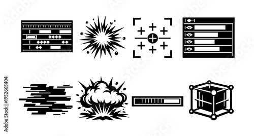 Black and white vector illustration of explosive elements and hud interface icons