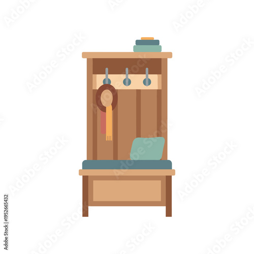 illustration of wooden coat rack with bench and hooks