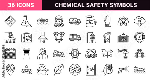 Industrial Environmental Hazards and Chemical Safety Monoline Symbols. Technical Outline Graphics for Pollution Control and Workplace Safety Compliance.