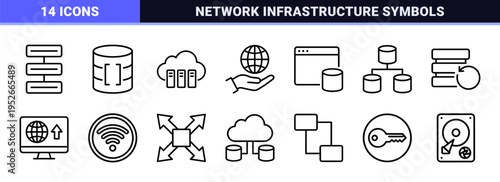 Cloud Computing and Network Infrastructure Technical Monoline Symbols featuring Minimalist Outline Aesthetic for Web Hosting and Server Management.