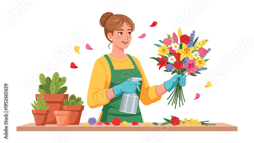 Floral Artisan's Masterpiece: A skilled florist meticulously arranges a vibrant bouquet, crafting an exquisite floral arrangement amidst potted plants and scattered petals.