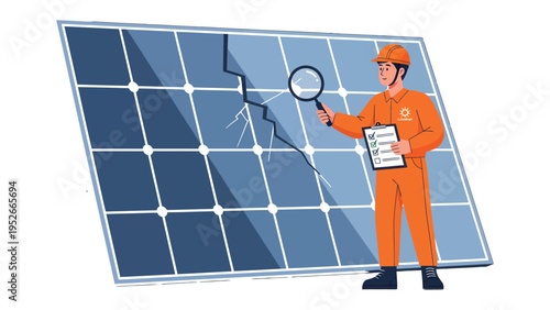Solar Panel Technician Inspection: A technician meticulously examines a damaged solar panel, emphasizing the crucial role of maintenance and quality control in the renewable energy sector.