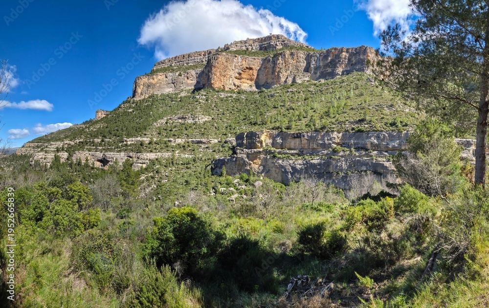 Fototapeta premium Montaña con formaciones rocosas en Cortes de Pallás, Valencia ,Paisaje de montaña con paredes rocosas en la Comunidad Valenciana, Sierra de Cortes de Pallás con formaciones geológicas y vegetación med