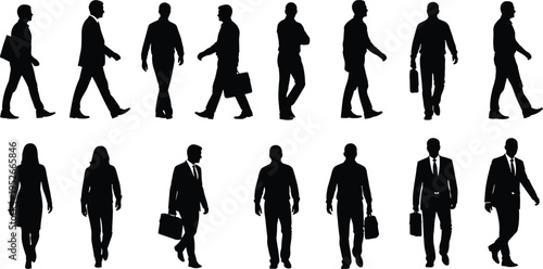Business people walking silhouettes collection, men and women office workers with briefcases isolated vector set, professional corporate lifestyle characters for business and urban scenes