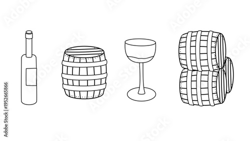 Minimalist Line Art Illustration of Wine Bottle, Glass, and Wooden Barrels