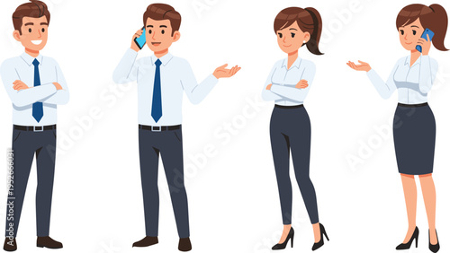Cartoon business professionals in formal office attire communicating with mobile phones and observing colleagues, concept of workplace communication, teamwork, corporate culture, professional 