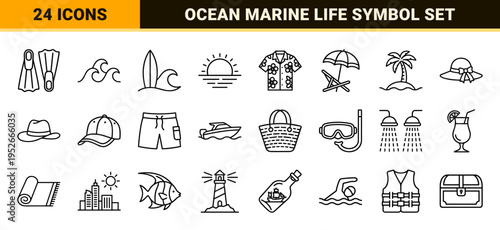 Summer Beach Vacation and Marine Life Monoline Outline Symbols for Coastal Leisure and Tropical Travel Branding Visual Identity Systems