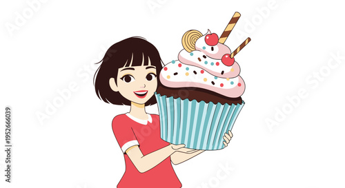 Joyful girl with short dark hair in a red shirt smiles while holding a massive chocolate cupcake with pink frosting and a cherry.