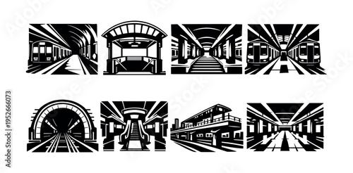 Black and white vector illustrations of urban train stations and subway platforms in silhouette style