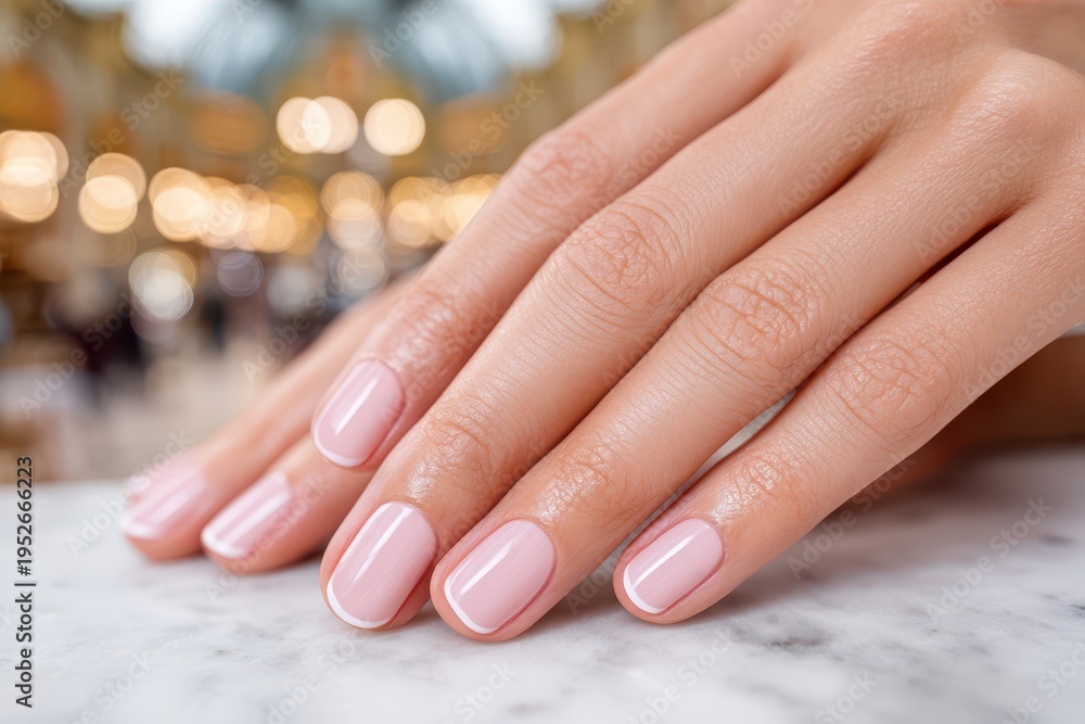 Naklejka premium Close-up shot of woman's hands with elegant French manicure on a marble surface, showing meticulous nail care and aesthetic beauty with soft background.