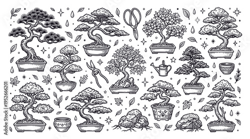 Hand Drawn Bonsai Tree Collection Vector Illustration, Japanese Zen Garden Elements with Gardening Tools, Pots, and Rocks in Vintage Engraving Style